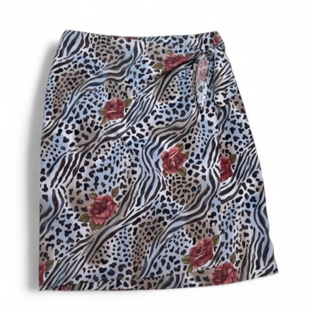 Vintage Renee Adams Mixed Animal Print Rose Wrap Skirt Leopard Zebra Medium